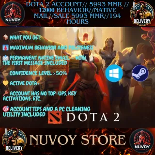 Dota 2 Account// 5993 MMR // 𝟏𝟐𝟎𝟎𝟎 BEHAVIOR// NATIVE MAIL// Sale 5993 MMR // 194 Hours 💪🏾💛
