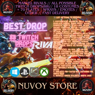 Marvel Rivals // ALL POSSIBLE TWITCH DROPS(88)// 18 COSTUMES + 70 PLATES / SPRAYS / EMOTES / OTHER // Fast Delivery