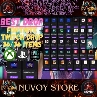 FORTNITE TWITCH DROP 36/36 // 4 Pickaxes, 8 Backs, 6 Wraps, 7 Sprays, 4 Emojis, 2 Emotes, Badge, Lego and more // All Platform