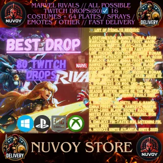 Marvel Rivals // ALL POSSIBLE TWITCH DROPS(80)☑️ 16 COSTUMES + 64 PLATES / SPRAYS / EMOTES / OTHER // Fast Delivery