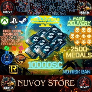 HELLDIVERS 2 // 10000 Super Credits + Bonus + 2500 Medals + Free 3000 Samples + 100k xp + 100k weapon XP + Req // ALL PLATFORM