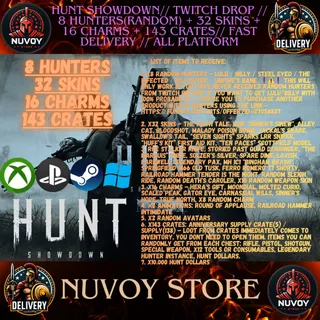  Hunt Showdown// Twitch Drop // 8 HUNTERS(Random) + 32 SKINS + 16 CHARMS + 143 CRATES // Fast Delivery // All platform