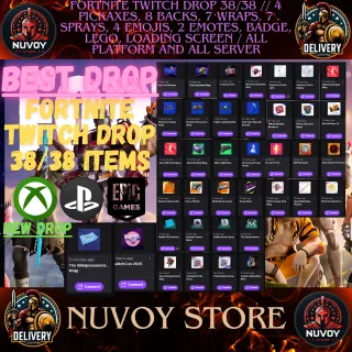 FORTNITE TWITCH DROP 38/38 // 4 Pickaxes, 8 Backs, 7 Wraps, 7 Sprays, 4 Emojis, 2 Emotes, Badge, Lego and more // All Platform