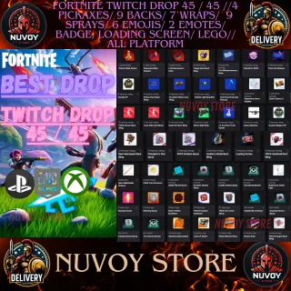 FORTNITE TWITCH DROP 45 /45 // 4 Pickaxes/ 9 Backs/ 7 Wraps/ 9 Sprays/6 Emojis/2 Emotes/ Badge, Loading Screen/ LEGO/
