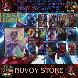 League of legends Account// LVL 420 + 137 SKINS + 230 RP + Any Region + Full Access + All Champs Unlock // Fast Delivery