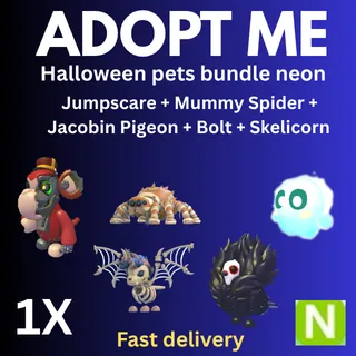  Halloween pets bundle neon Jumpscare + Mummy Spider + Jacobin Pigeon + Bolt + Skelicorn 1X  - ADOPT ME 