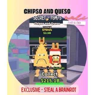 Chipso and Queso 75M/S  - Roblox *Unmissable Offer!* Steal a Brainrot / Secret Brainrots / Limited Edition Rare Item - SAB