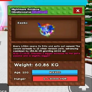 Rainbow Hatched Dilophosaurus 60+Kg Max - Grow a Garden Pet