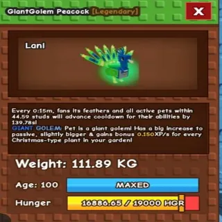 Giant Golem Titan Peacock 111.89KG - Grow a Garden Pet