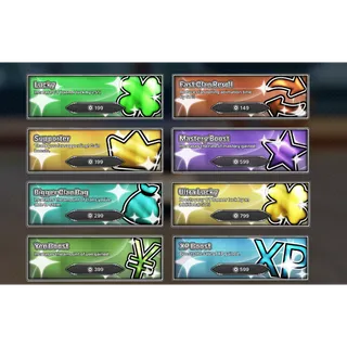  lucky, fast clan reroll, supporter, mastery boost, bigger clan bag, yen boost, xp boost and ultra lucky  - Jujutsu Zero