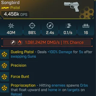 Borderlands 4 Modded Songbird Pistol 4,456k DPS