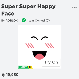 Clothing Roblox Super Super Happy Face Limited In Game Items Gameflip - roblox limited api