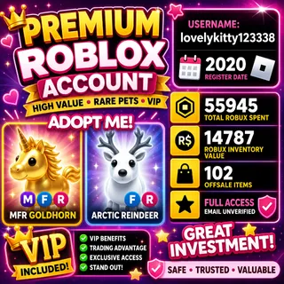 Arctic Reindeer, MFR Goldhorn, 2020 Register Date, 55,945 Robux Spent, 14787 Robux Value, 102 Offsale