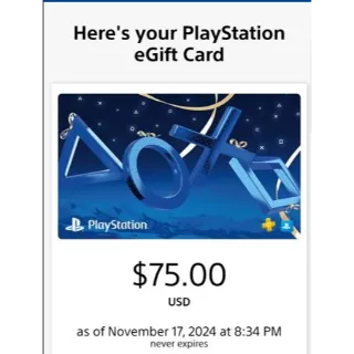 $75.00 USD PlayStation Store