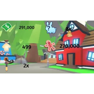 291,000 bucks /499 Age of portions / 2x Tiny age of portion/ 7x pets + 1 Legendary pet /270,000 Gingerbread - Adopt me 