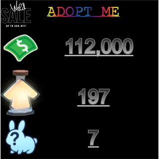 112,000 bucks / 197 Age of portions / 7x  Random pets    - Adopt me 