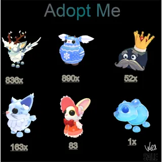 836x christmas spirit 890x Cozy Mistletroll  52x Maine Coon 163x Mrs.Whiskerpips 83x king coal 1xfrostbite bear- Adopt me 