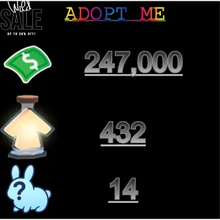 247,000 bucks / 432 Age of portions / 14x  Random pets    - Adopt me 