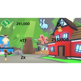 241,000 bucks /417 Age of portions / 2x Tiny age of portion/ 7x pets / 253,000 Gingerbread - Adopt me 