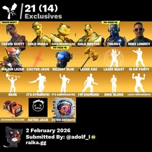 Fortnite account 65 skins | Travis Scott | Gold Midas | Gold Meowscles | Gold Brutus | Trilogy | Mike Lowrey | Major Lazer