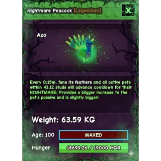 NIGHTMARE TITAN PEACOCK ( 63.50 KG) 15S COOLDOWN WITH TOY + FREE TITAN PET 