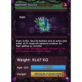 RUSH SALE! NIGHTMARE GODLY PEACOCK (91.67 KG) 15s COOLDOWN // NO TOY NEEDED