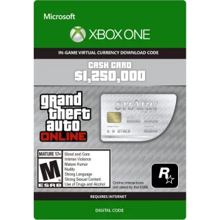 GRAND THEFT AUTO ONLINE - $1,250,000 GREAT WHITE SHARK CASH CARD XBOX ONE CD KEY