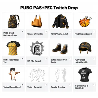 PUBG 12 Rewards | PEC+PAS Varsity Jacket, 2× T-Shirt, Winner Hat, Dance, Backpack⚡Twitch Drop