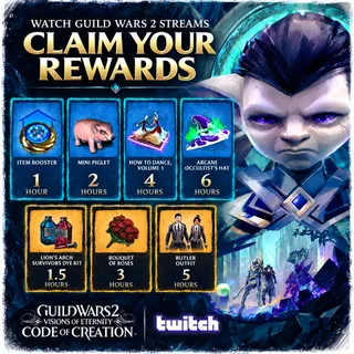 Guild Wars 2 7 Rewards 💎 Butler Outfit / Arcane Occultist Hat / Mini Piglet / Dye Kit | July + September 2026