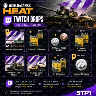 World of Tanks: HEAT 10/10 Camo*3 XP Booster Credits Tech Twitch Drop