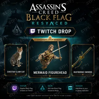 3/3 Assassin's Creed Black Flag Resynced Cheetah Claw Cat Rustborne Swords Mermaid Figurehead Twitch Drop
