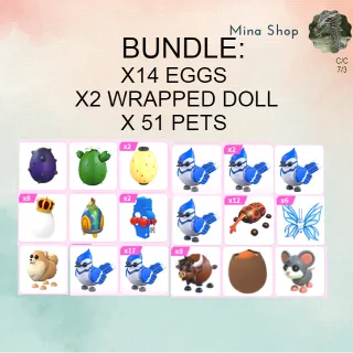 BUNDLE : X 14 EGGS  - X 2 WRAPPED DOLL - X 51 PETS