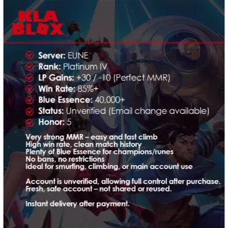 EUNE PLAT4 +30/-10 PERFECT MMR 85+ WR 40K BE UNVERIFIED