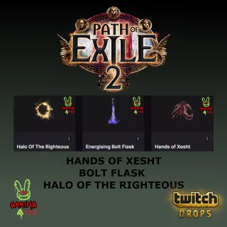 Path of Exile 2 TWITCH DROPS HANDS OF XESHT + BOLT FLASK + HALO OF THE RIGHTEOUS