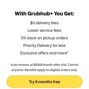 GRUBHUB+ 6 Months Free