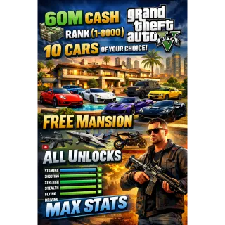 GTA V PC ENHANCED | 60M CASH | RANK (1-8000) | 10 CARS OF YOUR CHOICE | FREE MANSION | ALL UNLOCKS | MAX STATS