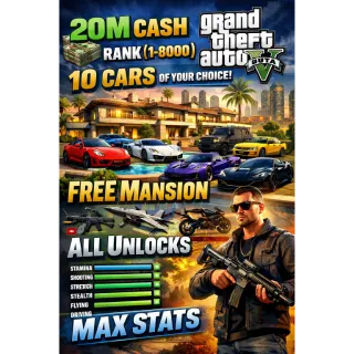 GTA V PC ENHANCED | 20M CASH | RANK (1-8000) | 10 CARS OF YOUR CHOICE | FREE MANSION | ALL UNLOCKS | MAX STATS