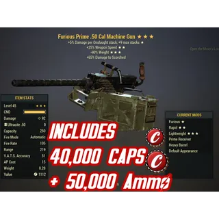 F2590 .50 Cal Machine Gun ( furious / +25% weapon Speed / -90% reduce weight ) + 40,000 caps + AMMO 