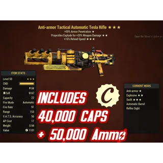 AAE15 Tesla Rifle ( Anti armor / Explosive / +15% Faster reload ) + 40,000 caps + 50,000 Fusion Cell 