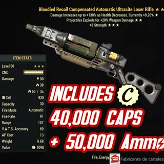 Bloodied Ultracite Laser Rifle ( Explosive/ +3 STRENGTH ) + 40,000 caps + Amm9