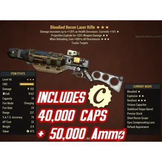 BE500 Laser Rifle ( Bloodied / Explosive / +500 RESISTANCE Damage ) + 40,000 caps + Ammo