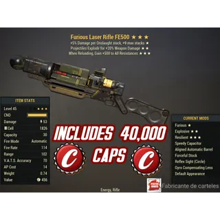 FE500 Laser Rifle ( Furious / Explosive / +500 Resistance ) + 40,000 caps + 50,000 Fusion Cell 
