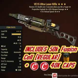 Vampire's Explosive Ultracite laser Rifle ( VE15 - VE 15 ) + 40,000 CAPS + 50,000 FUSION CELL 