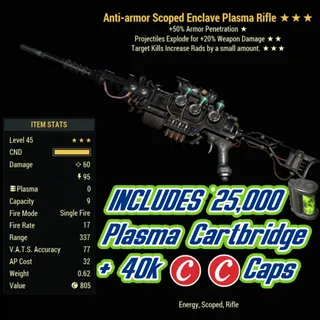 Anti Armor Explosive Enclave Plasma Rifle + 40,000 CAPS + 25000 PLASMA CARTBRIDGE 