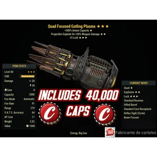 QE3L Gatling Plasma ( Quad / explosive / +3 LUCK ) + 40,000 caps + 2,500 Plasma Core 