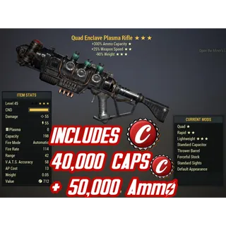 Q2590 Enclave Flamer Plasma ( Quad / +25% weapon Speed / -90% reduce weight ) + 40,000 caps + 50,000 Plasma cartbridge 