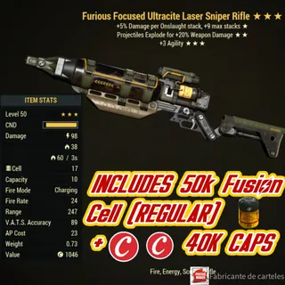 Furious Explosive Ultracite laser Rifle ( FE3A - FE 3A ) + 40,000 CAPS
