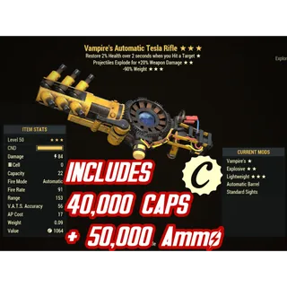 VE90 Tesla Rifle + 40,000 caps + 50,000 Fusion Cell ( Vampire's / explosive / -90% reduce weight )