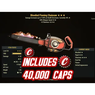 B403C Chainsaw + 40,000 Caps ( Bloodied / +40% WEAPON SPEED / + 3 Charisma )