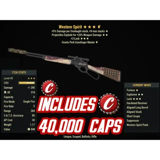 FE3L Western Spirit + 40k caps + 10k Ammo (Furious / explosive / +3 LUCK )
